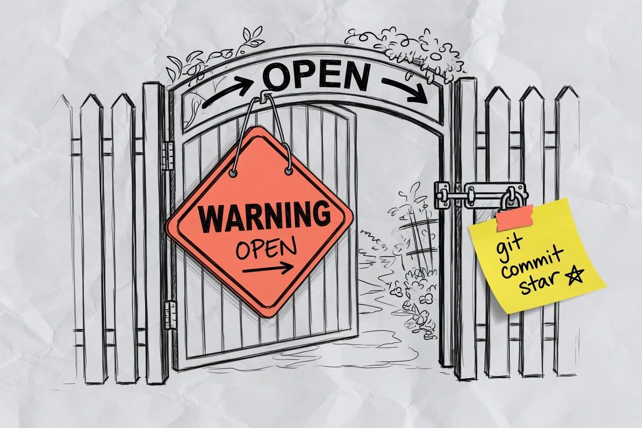 Crumpled printer-paper sketch of an open gate with a yellow WARNING sign still hanging, and a handwritten git commit star rule on the closed latch beside it