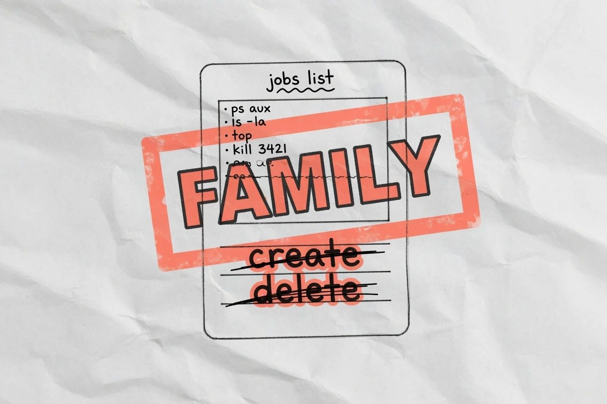 Crumpled printer-paper sketch of a small jobs list line under a coral FAMILY stamp that covers create and delete as well