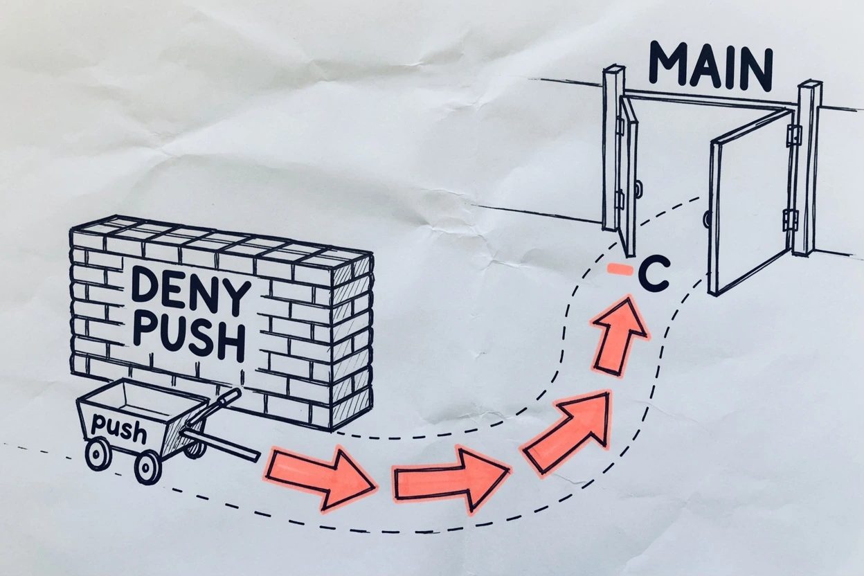 Crumpled printer-paper sketch of a DENY PUSH wall stopping a push cart while a -c path walks around it toward a MAIN gate