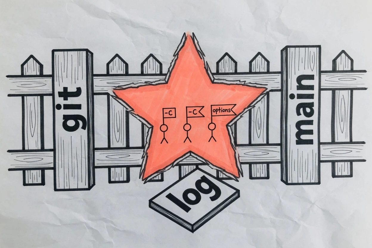 Crumpled printer-paper sketch of a fence labeled git and main with a star-shaped hole in the middle, option flags walking through while a log sign lies on the ground