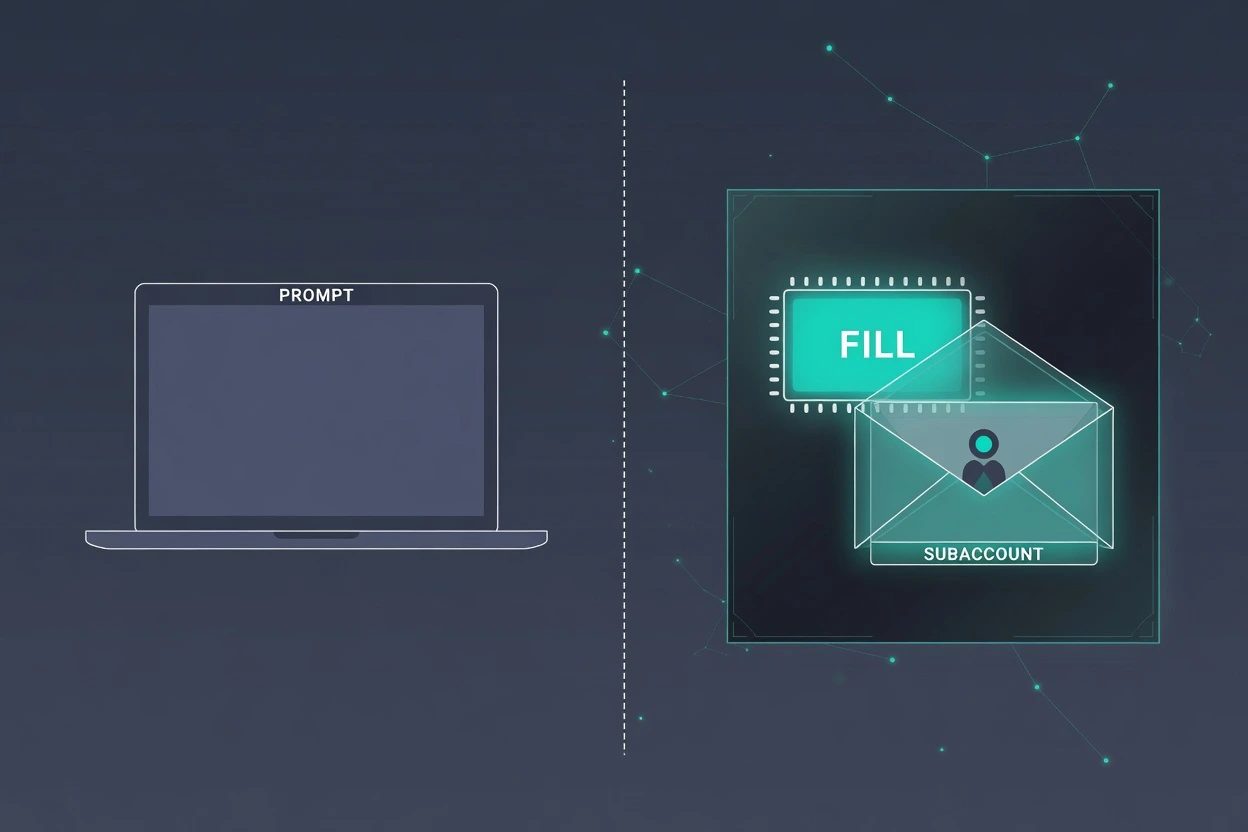 Split slate HUD, a laptop labeled PROMPT on the left, a dashed wall, and a FILL chip lighting a SUBACCOUNT envelope on the right