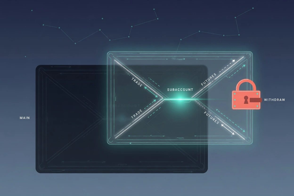 A slate panel where a CLAUDE MCP ADD chip feeds a glass SUBACCOUNT envelope, with TRADE glowing teal and ANALYZE dim