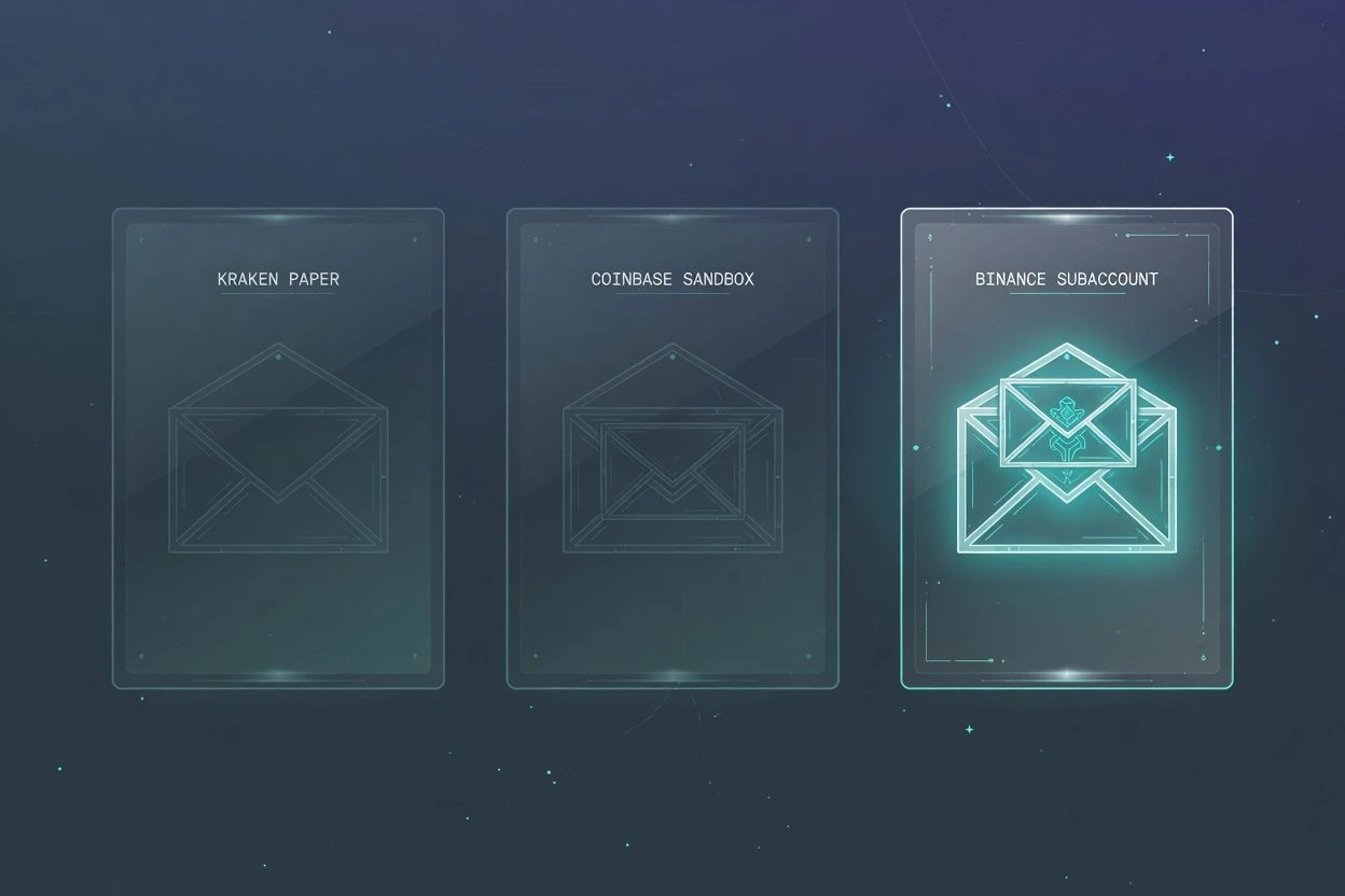 Three glass cards labeled KRAKEN PAPER, COINBASE SANDBOX, and BINANCE SUBACCOUNT on a slate HUD, the Binance card glowing teal