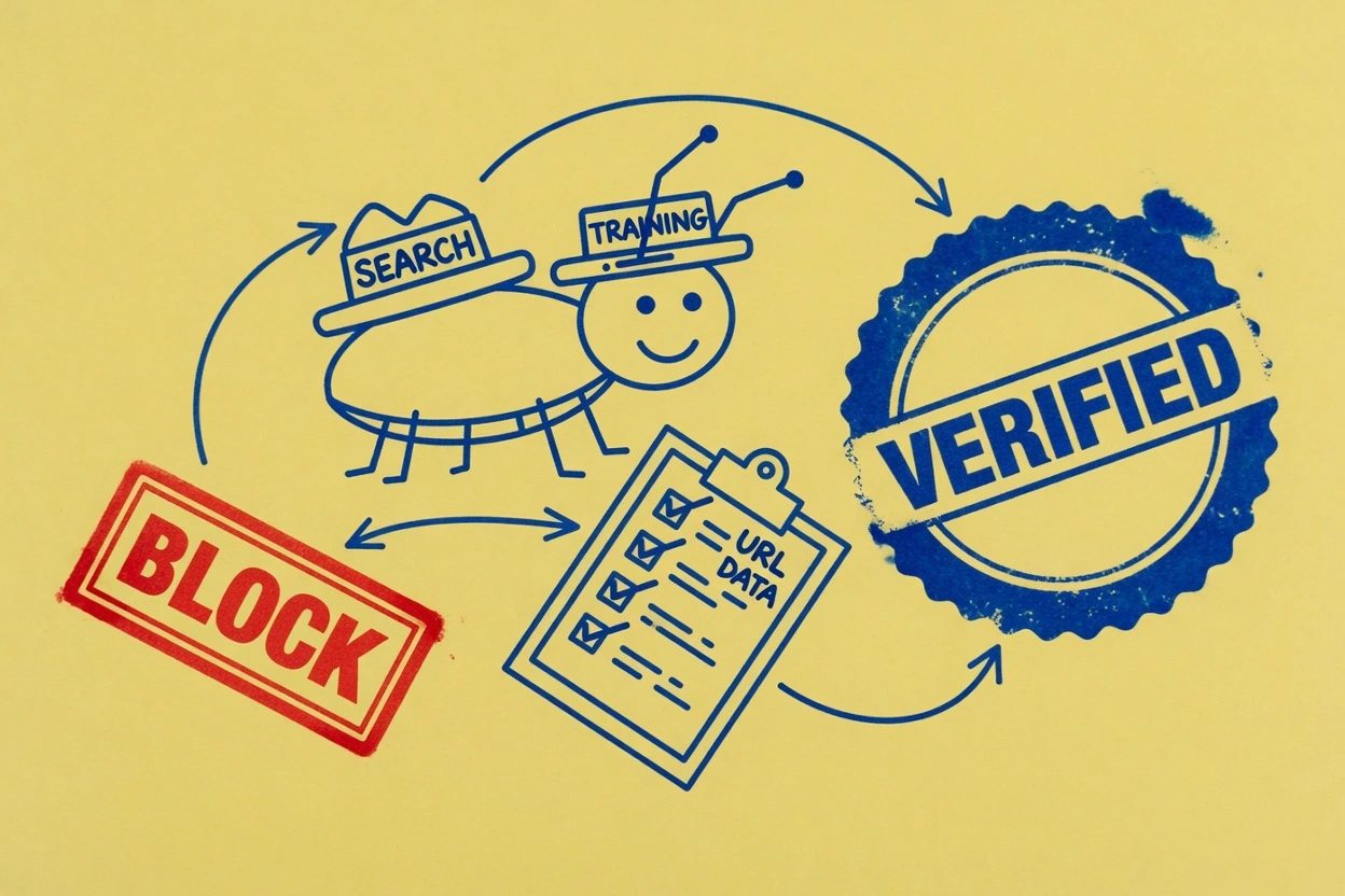 A crawler wearing SEARCH and TRAINING hats facing a clipboard, with a VERIFIED stamp on one side and a red BLOCK stamp on the other