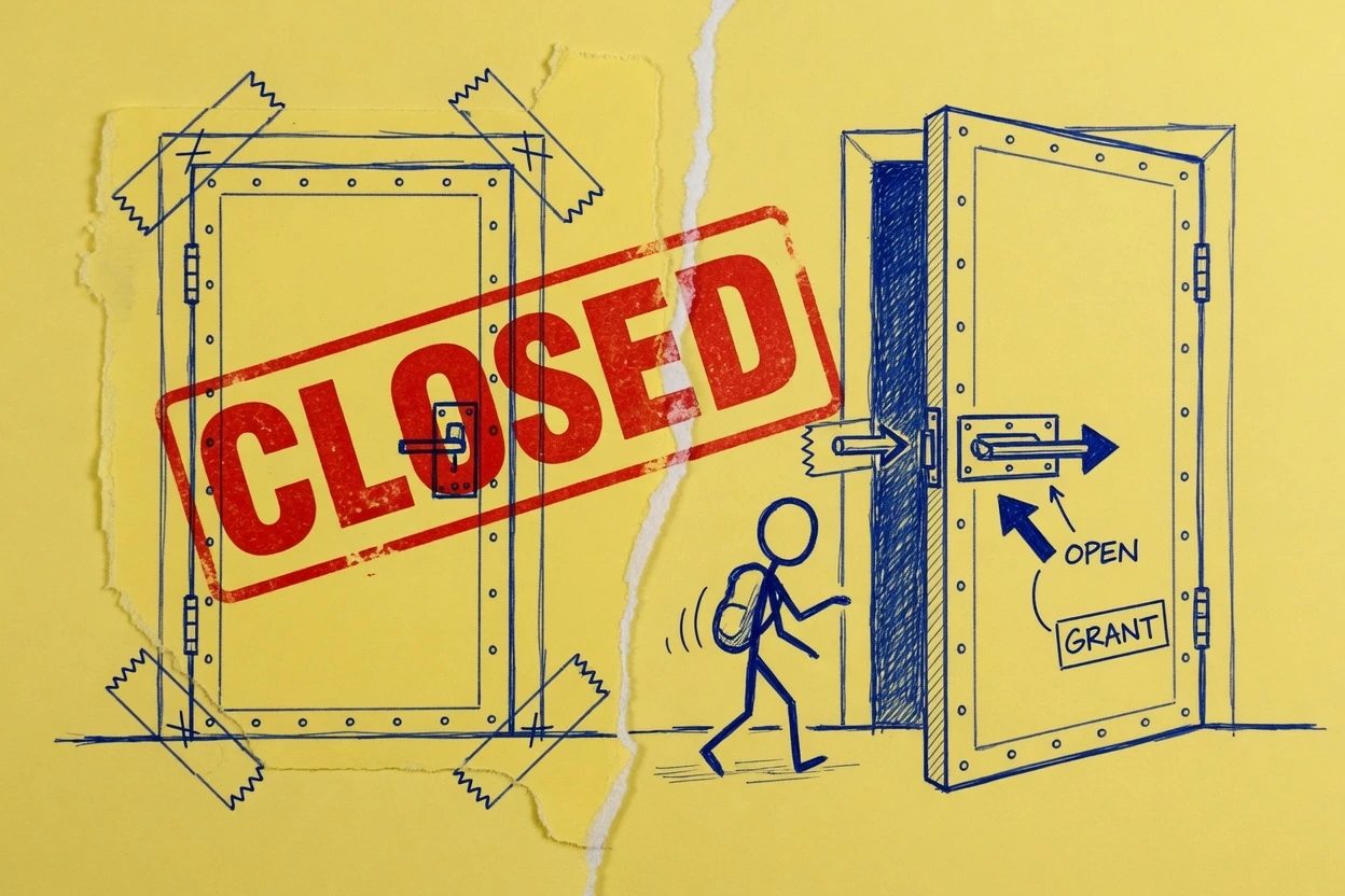 A pool-gate sign lettered HONOR SYSTEM and robots.txt, one stick figure reading it and another walking past an unlatched gate