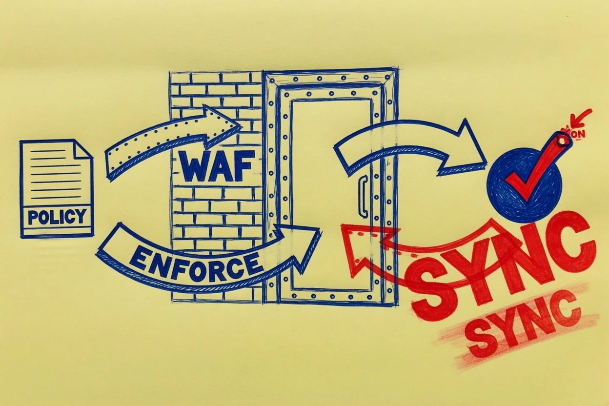 Two opposite blue-ink arrows, one from a text page into a WAF wall lettered ENFORCE, one from a toggle back into the page lettered SYNC