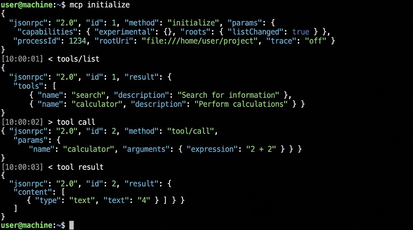 MCP handshake sequence showing initialize, capabilities exchange, and first tool call