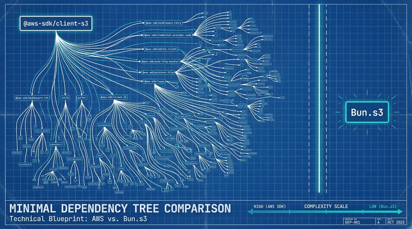 Dependency tree comparison: aws-sdk with 200+ deps vs Bun.s3 with zero
