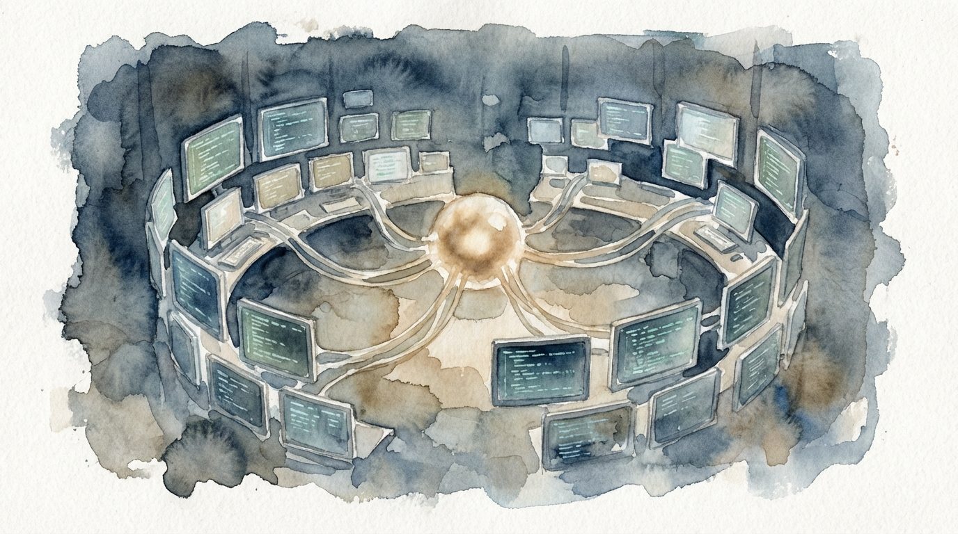 Futuristic control room with terminal screens and a central bright orb connecting them