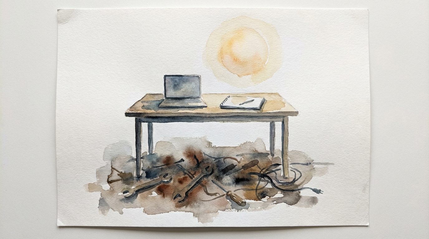 Clean desk with one glowing tool replacing a pile of old dev tools