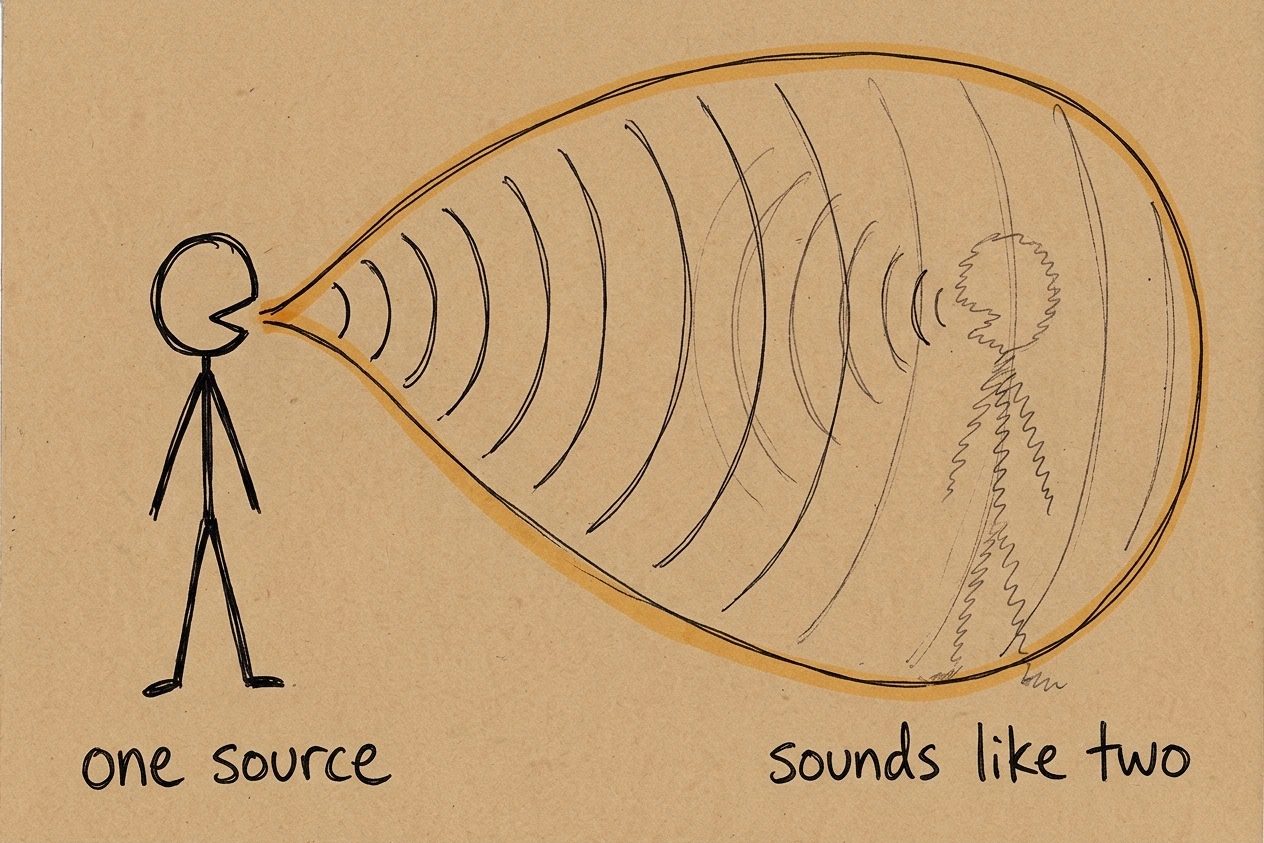 A hand-drawn kraft-paper sketch of one solid stick figure speaking, its sound waves curving around into a fainter second figure made of the same lines, labelled one source and sounds like two