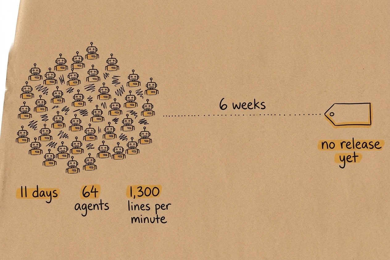 A hand-drawn kraft-paper timeline with a dense cluster of agent icons on the left labelled eleven days and sixty-four agents, thinning into a long empty stretch labelled six weeks that ends at a blank tag reading no release yet