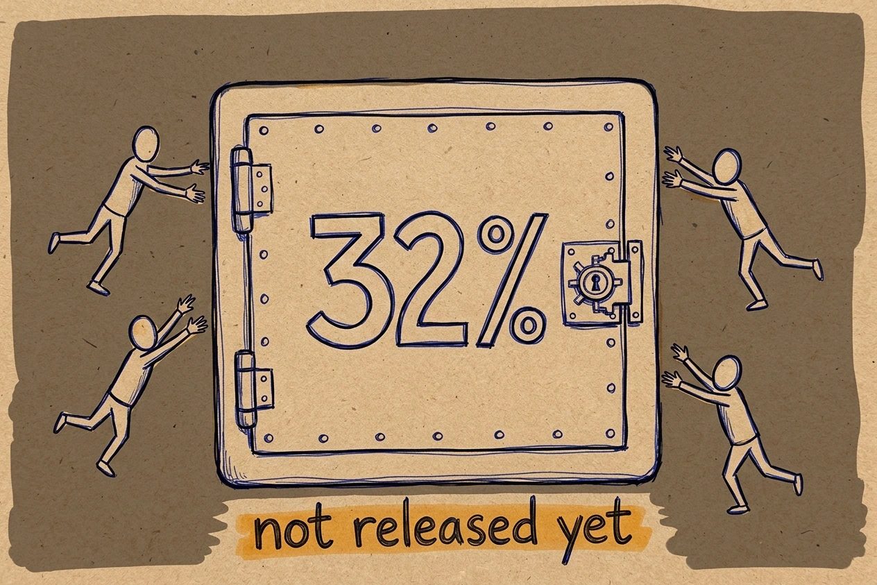 A hand-drawn kraft-paper sealed vault with no handle holding the figure thirty two percent inside, small stick figures reaching toward it without touching it, labelled not released yet