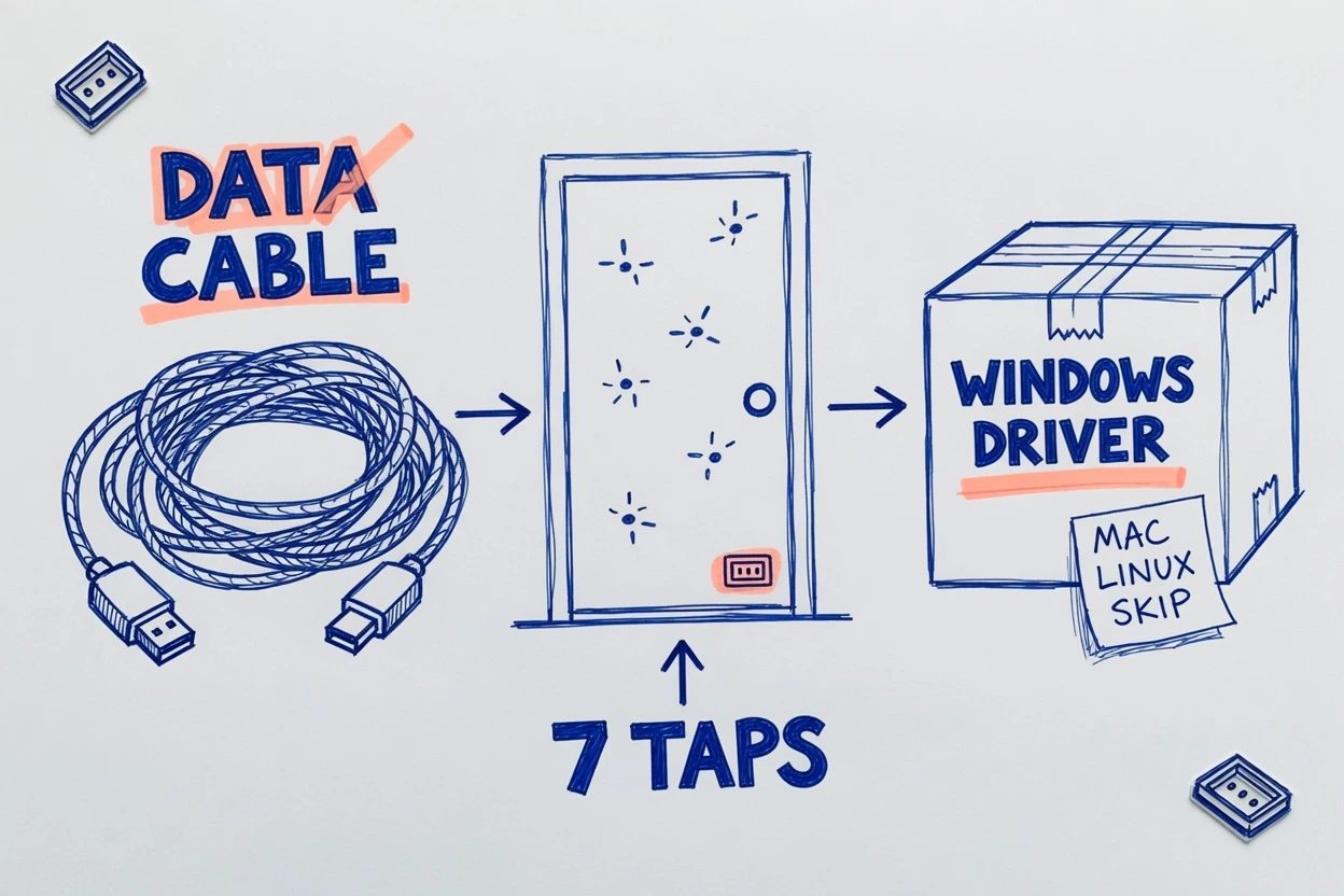 White-paper sketchnote of a USB cable, a door with seven tap marks, and a Windows driver box with a Mac Linux skip note
