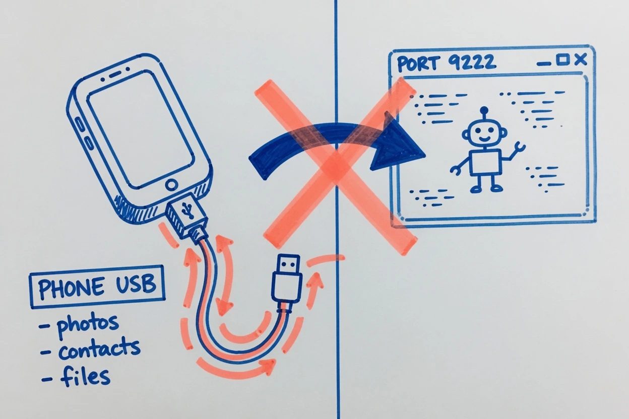 White-paper hub with five dead branches and a thick coral cable labeled DIRECT CABLE into an unlocked phone