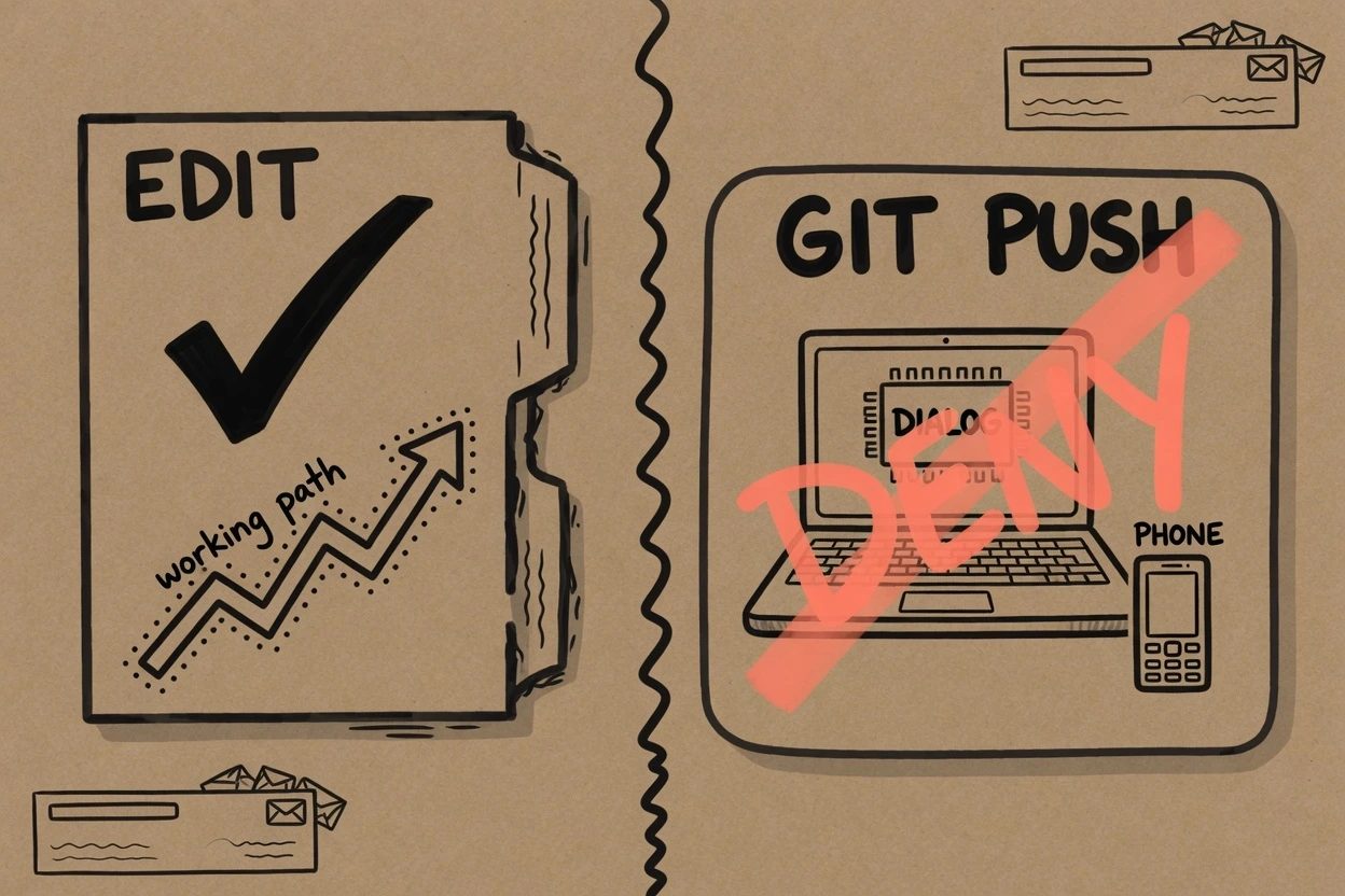 Kraft sketchnote split, EDIT checked on the left and GIT PUSH blocked by a coral DENY on a laptop dialog on the right
