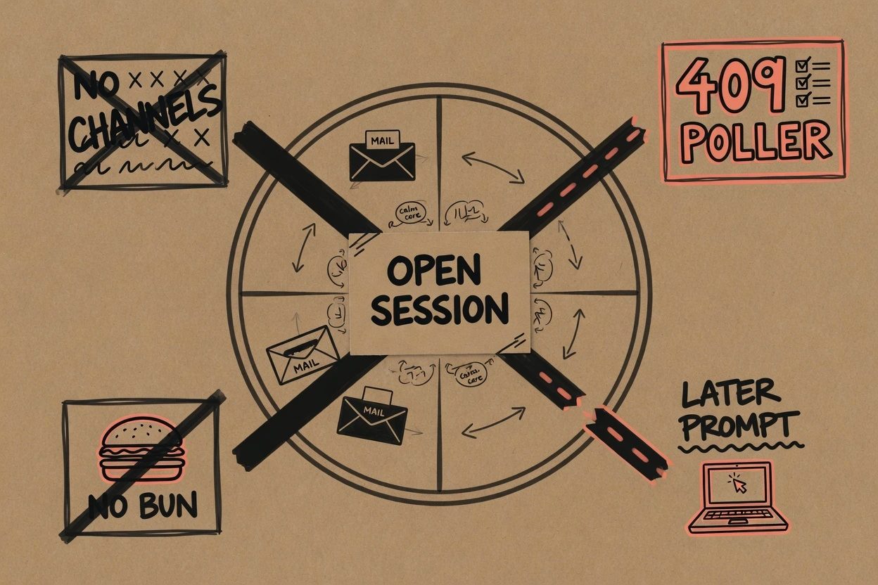 Kraft sketchnote hub with OPEN SESSION in the center and four dead spokes labeled NO CHANNELS, NO BUN, 409 POLLER, and LATER PROMPT