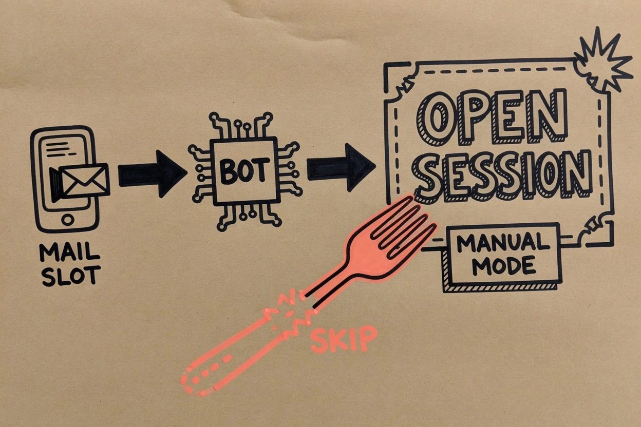 Kraft sketchnote, a mail slot phone to a bot chip to a large OPEN SESSION card marked MANUAL MODE, with a coral SKIP fork fading off