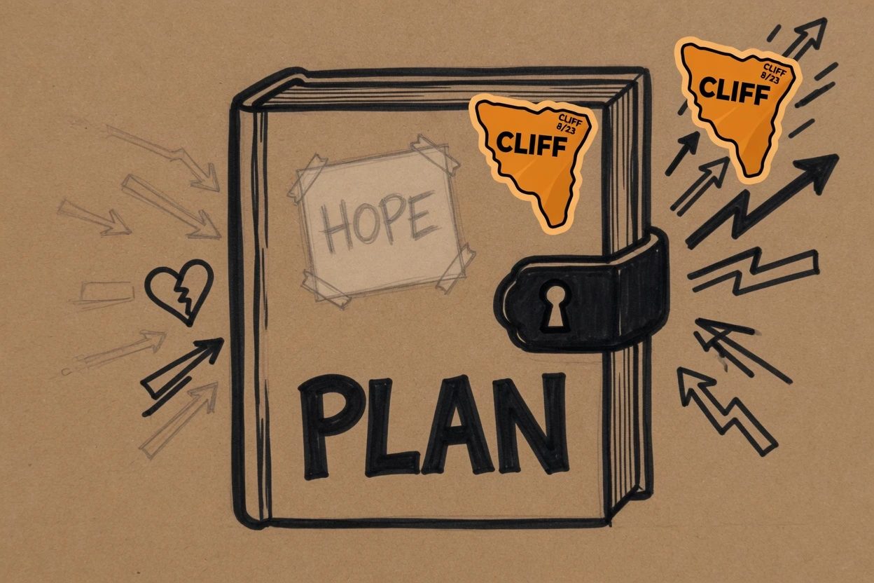 A closed PLAN book on kraft, a faint HOPE note on the left and a bright CLIFF sticker on the right