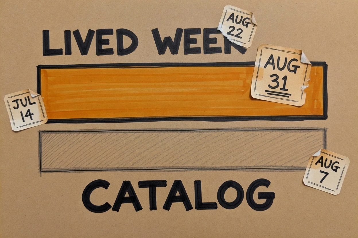 Two kraft weekly bars, a thin CATALOG bar under a taller amber LIVED WEEK bar with an AUG 31 sticker peeling off