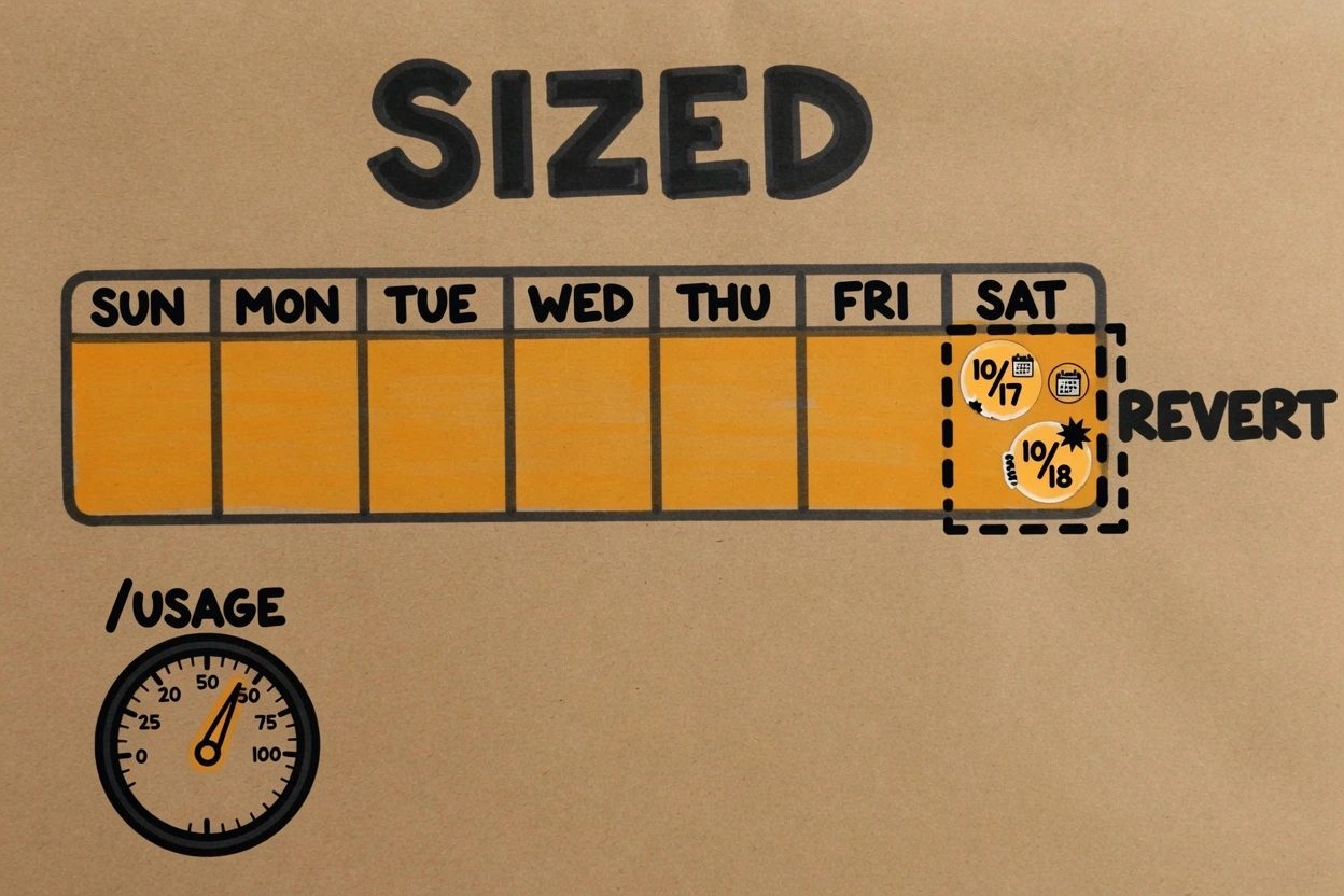 An amber-filled week on kraft labeled SIZED, with a dashed right third labeled REVERT and a small /USAGE gauge
