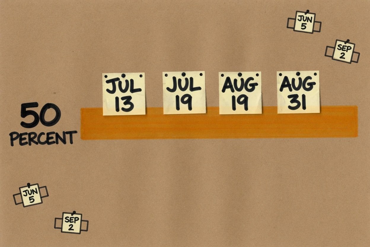 One unchanging 50 percent bar on kraft with four date stickers JUL 13, JUL 19, AUG 19, and AUG 31