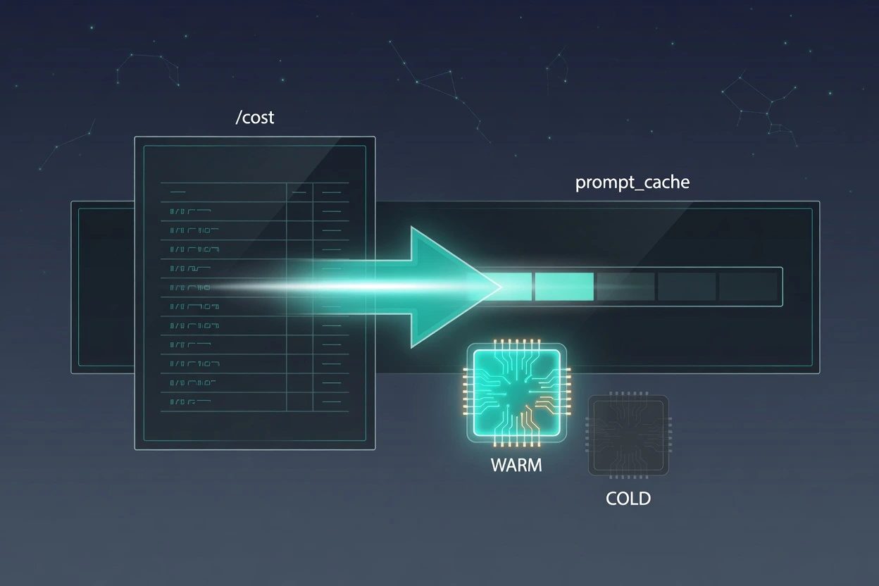 A glass /cost receipt feeding a teal arrow into a status bar lettered prompt_cache, with a lit WARM chip and a dim COLD chip
