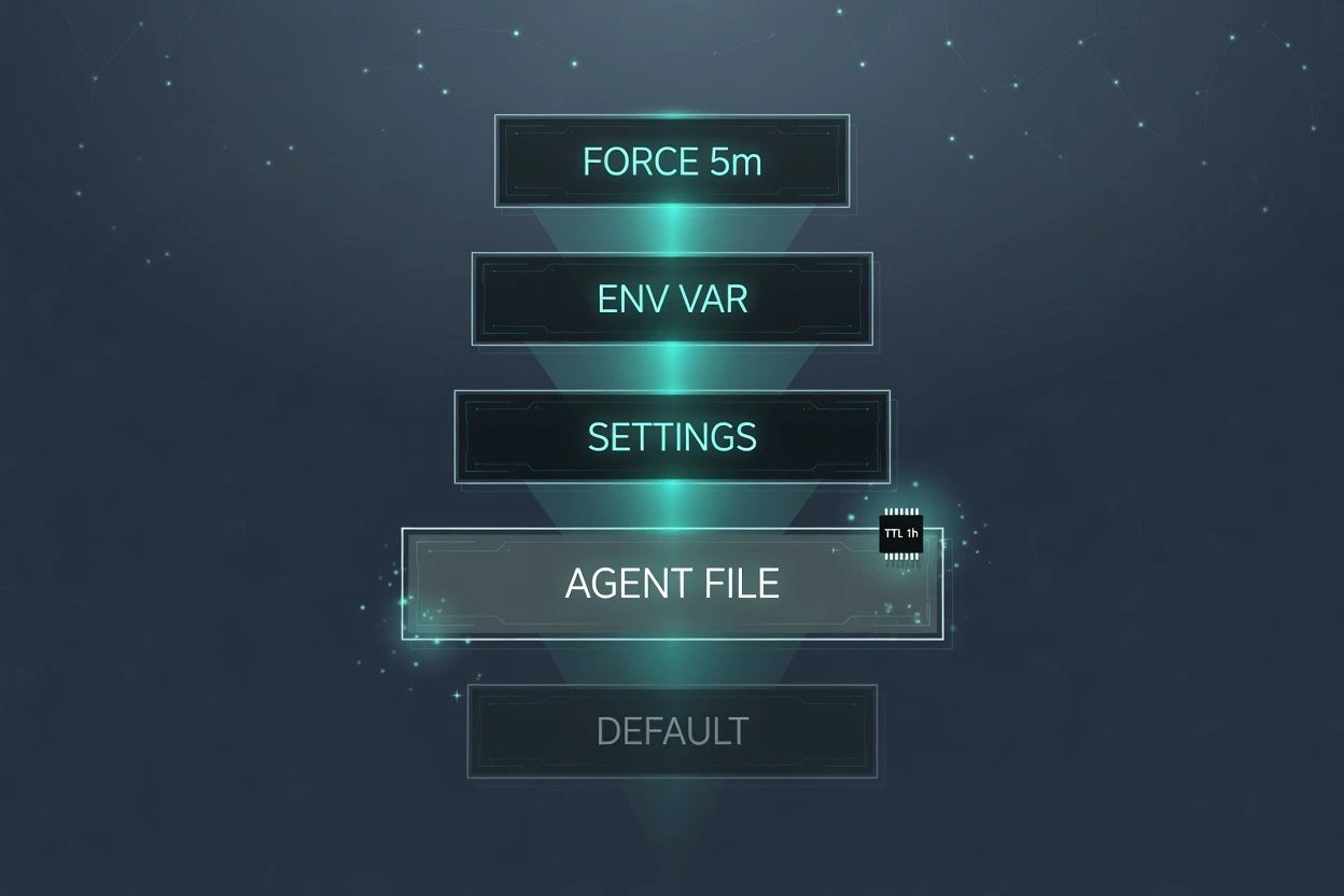 Five stacked glass plates labeled FORCE 5m, ENV VAR, SETTINGS, AGENT FILE, and DEFAULT, with AGENT FILE dimmer than the plates above it