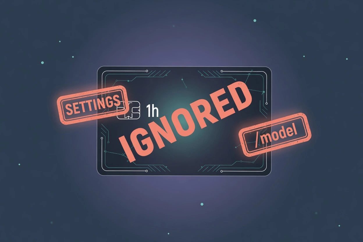 A dim 1h agent card hit from the left by SETTINGS and from the right by /model, with a coral IGNORED stamp across the card