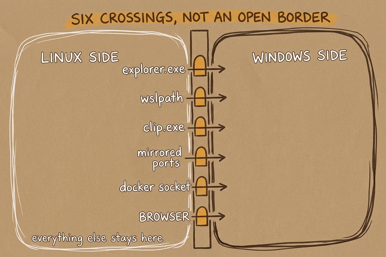 A thick wall separates a lightly drawn Linux territory from a heavily drawn Windows one, cut by six amber gates labelled explorer.exe, wslpath, clip.exe, mirrored ports, docker socket and BROWSER.