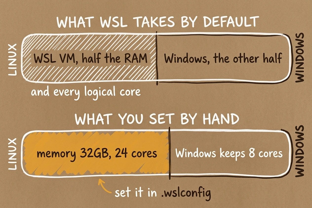 Two stacked bars on brown kraft paper divide one machine between Linux on the left and Windows on the right, the top bar split evenly and labelled as half the RAM and every logical core, the lower bar showing a hand-set 32GB and 24 cores in amber with 8 cores left for Windows.