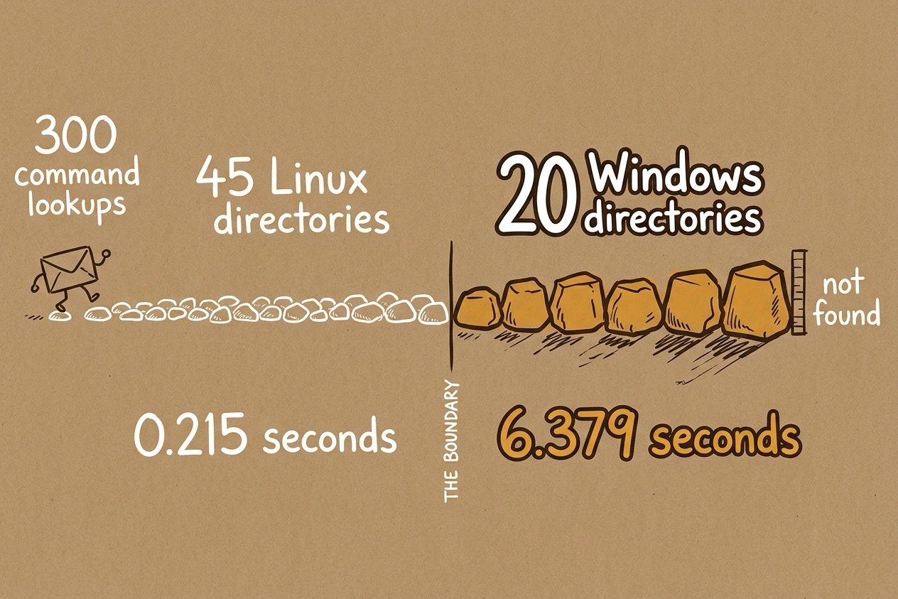 A walking envelope crosses a line of small light stepping stones marked 45 Linux directories and 0.215 seconds, then hits a boundary where the stones become heavy amber blocks marked 20 Windows directories and 6.379 seconds, ending at a wall labelled not found.