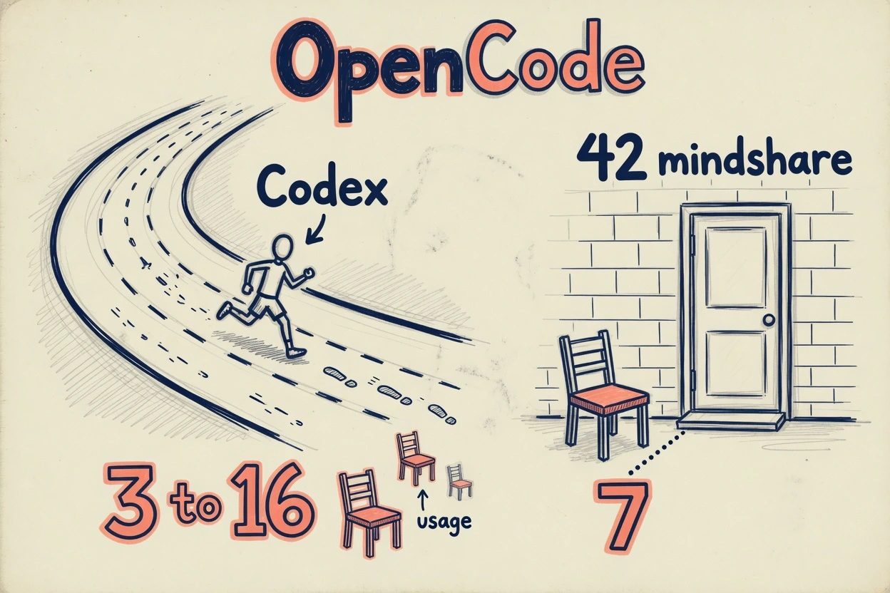 A Codex runner climbing a lane from 3 to 16, and an OpenCode side door tagged 42 mindshare with a small chair marked 7