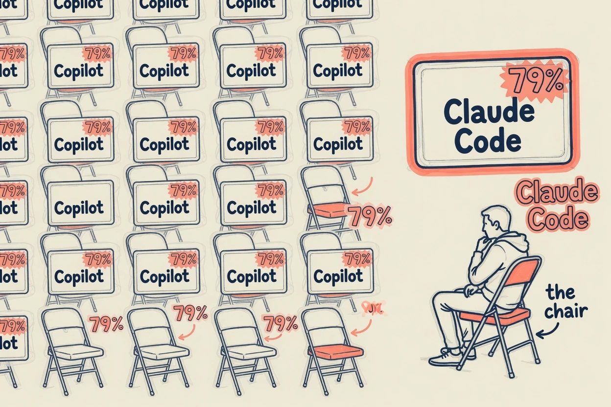 Two 79 percent name badges for Copilot and Claude Code, with only the Claude Code chair occupied