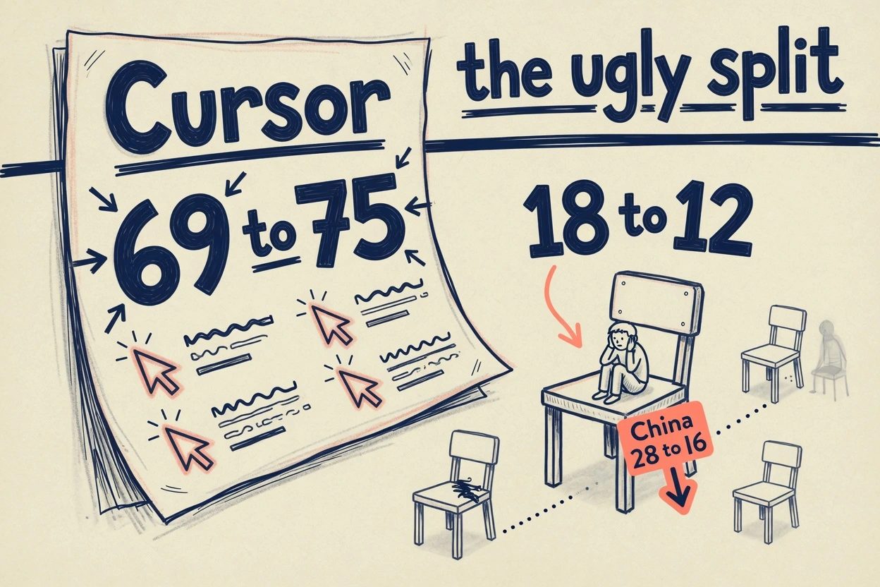 A growing Cursor poster labeled 69 to 75 beside a shrinking occupied chair labeled 18 to 12, with a coral China tag 28 to 16