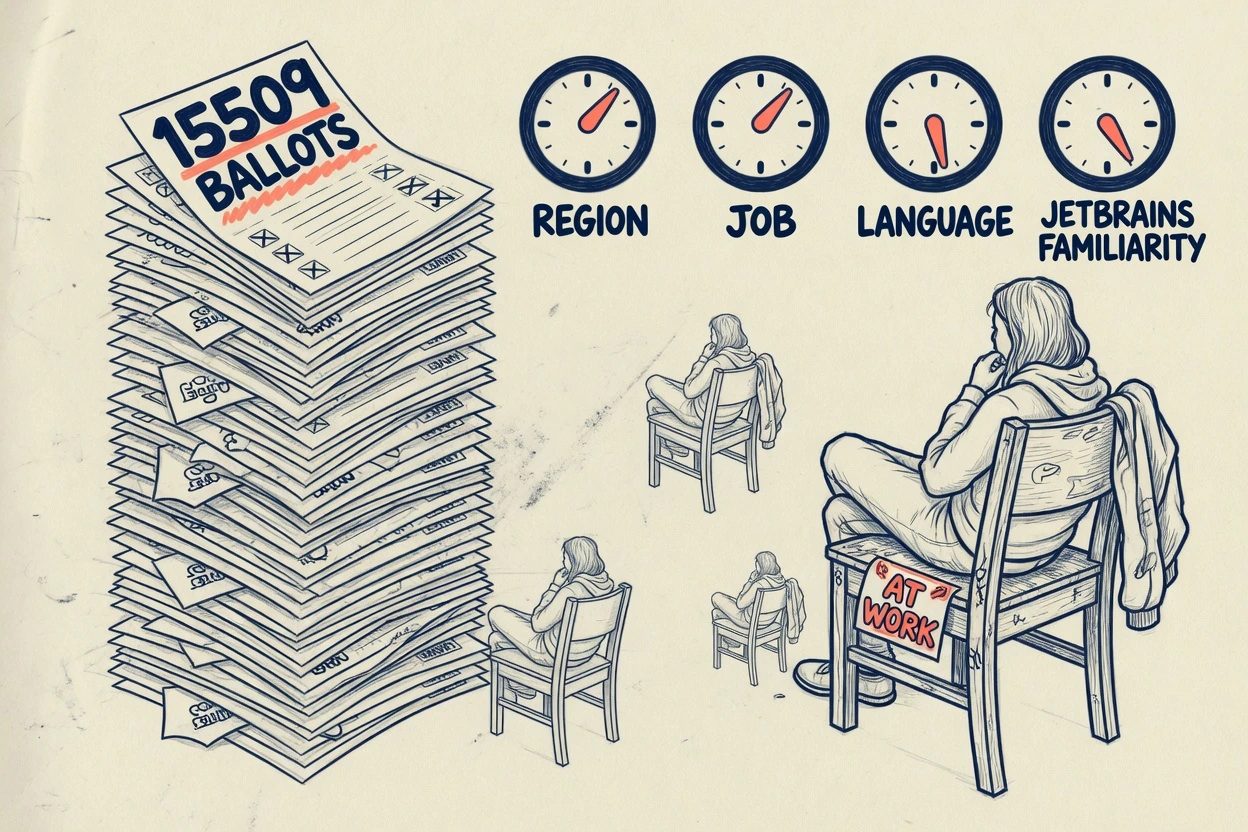 Cream sketch of 15509 ballots on four weighting dials beside one occupied chair labeled at work