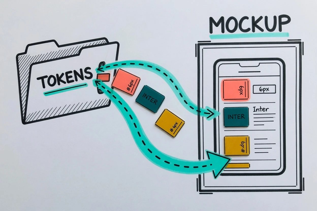 A repo folder spilling token chips labeled 6px and INTER into a mockup frame that reuses the same chips