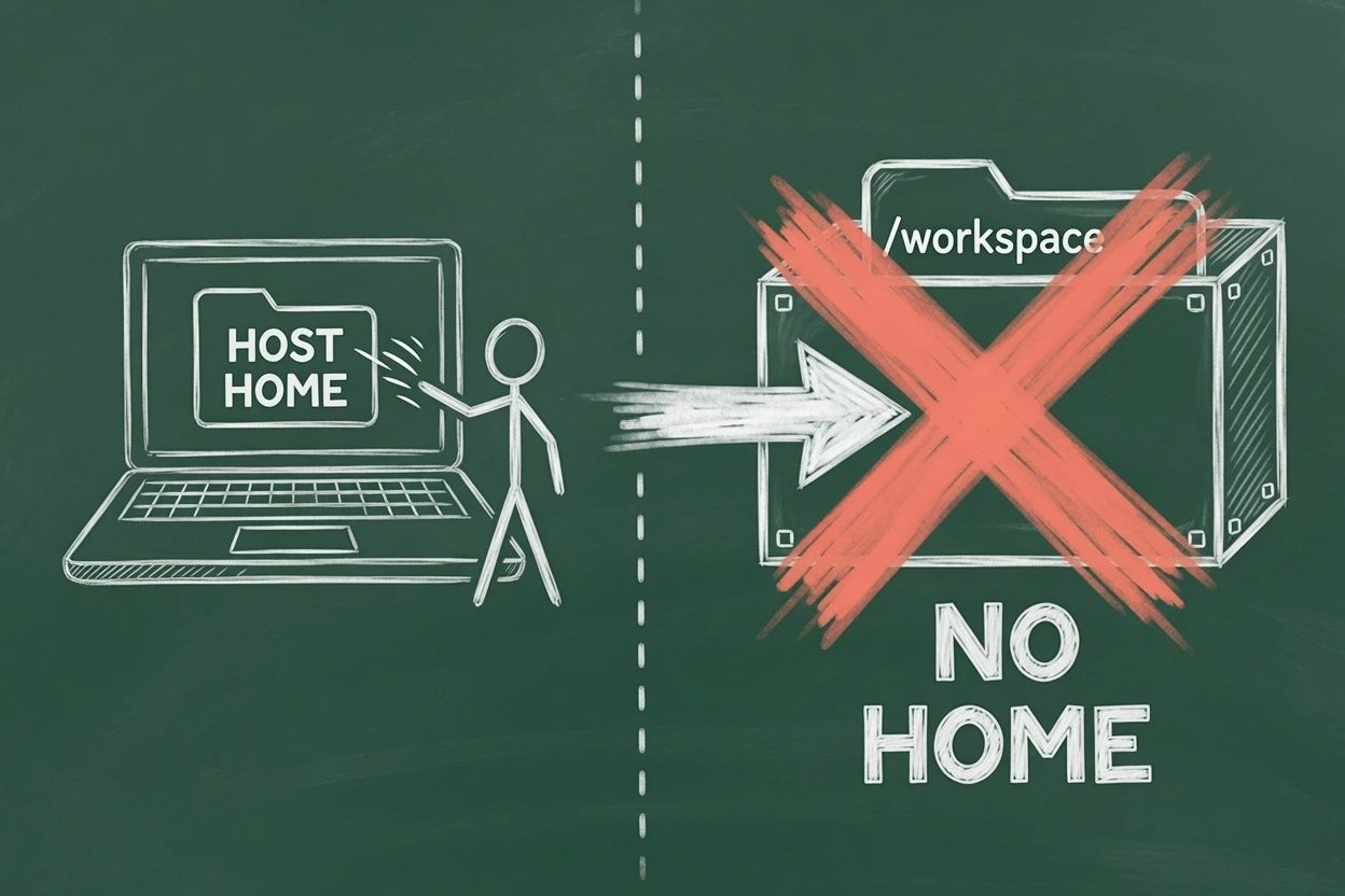Split chalkboard, laptop on the left reading HOST HOME, container box on the right holding /workspace with a blocked arrow toward HOST HOME