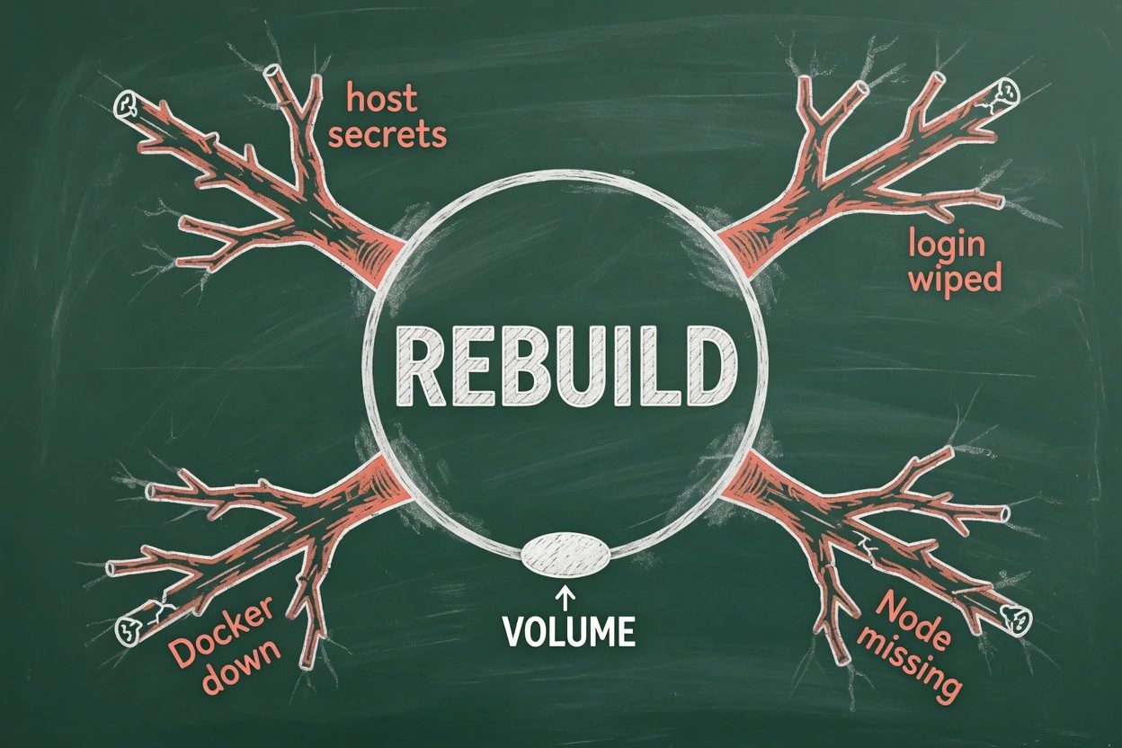 Green chalkboard hub with a live REBUILD plus VOLUME center and four coral dead branches labeled Docker down, Node missing, login wiped, and host secrets
