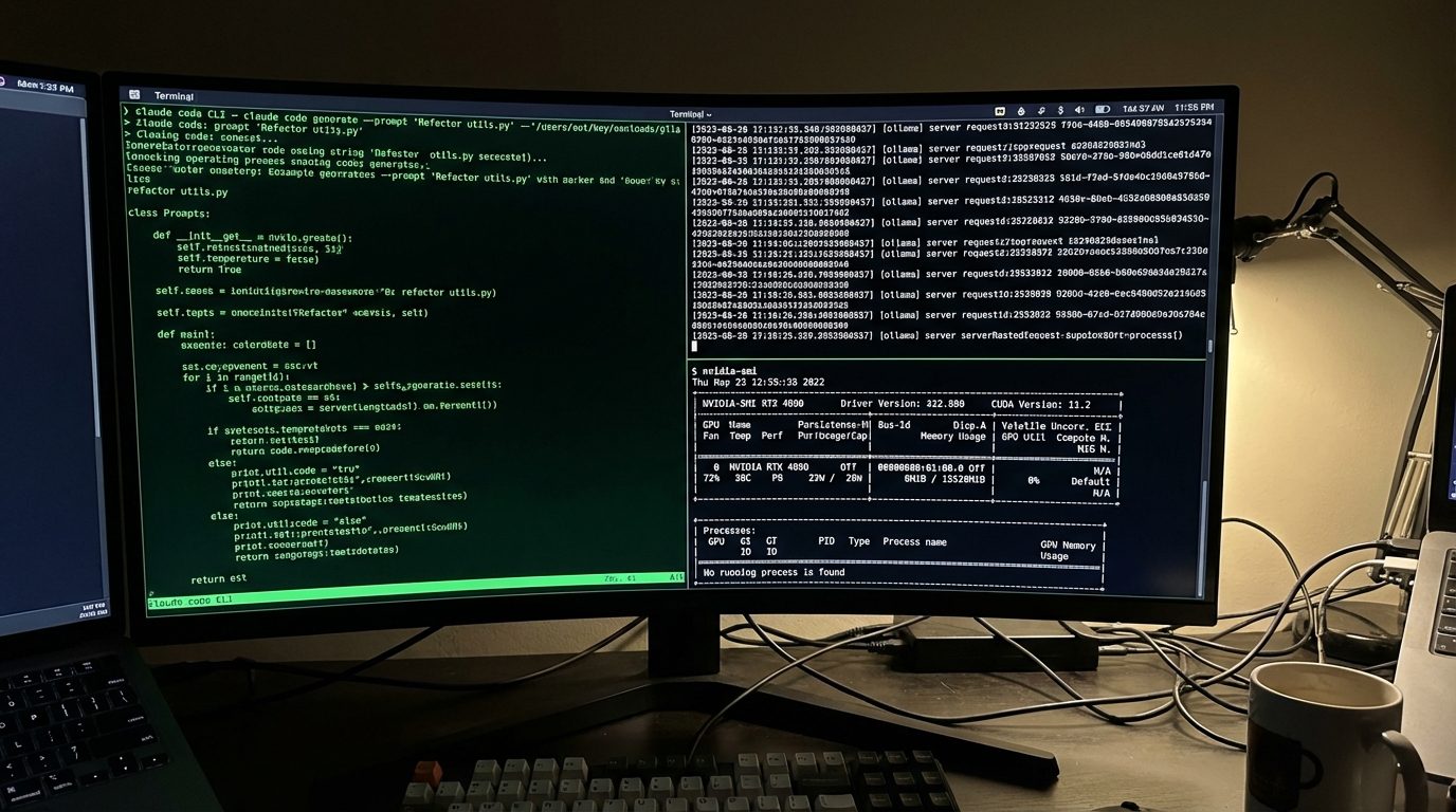 A split terminal showing Claude Code connected to a local Ollama instance on the left, with GPU utilization metrics on the right