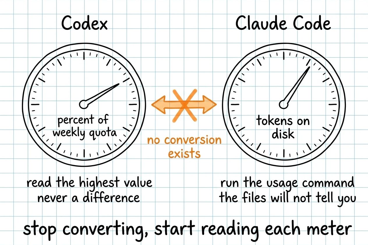 Two hand-drawn gauges side by side, one reading percent of weekly quota and one reading tokens on disk, with a struck-through orange arrow between them.