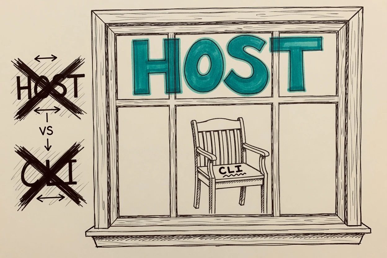 Cream sketchnote of a large teal HOST window frame with a small CLI chair sitting inside it, a vs arrow scribbled out on the side
