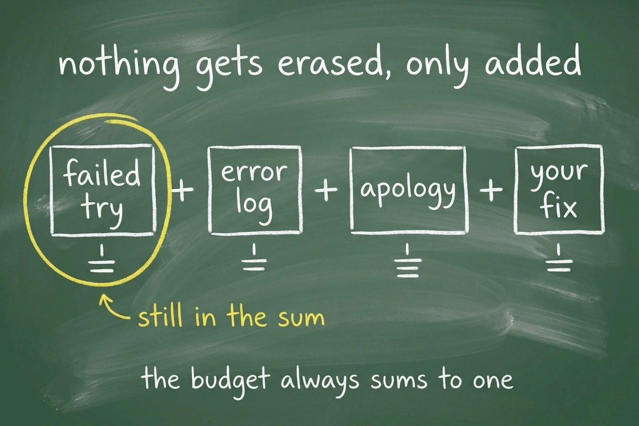 Chalk sum of four boxes, failed try plus error log plus apology plus your fix, with the failed try circled in yellow and marked still in the sum.