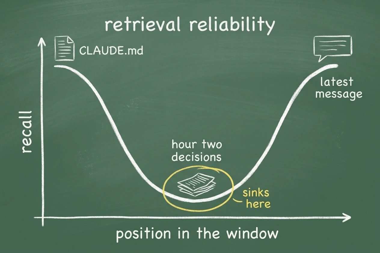 Chalk U-curve of recall against position in the window, CLAUDE.md at the high left peak, the latest message at the high right peak, and hour two decisions circled in the trough.