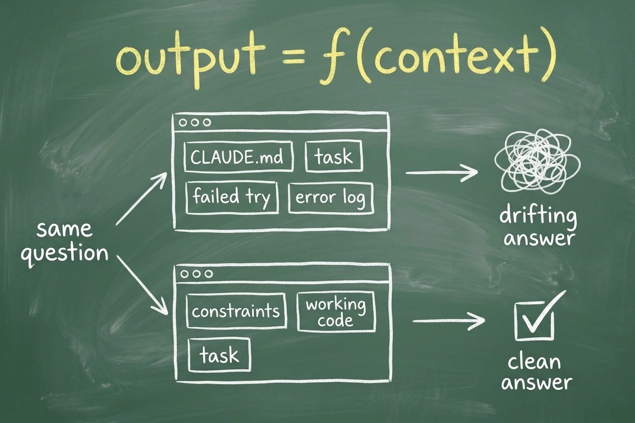 Chalkboard with the equation output = f(context) above two context windows, a cluttered one producing a drifting answer and a clean one producing a clean answer from the same question.