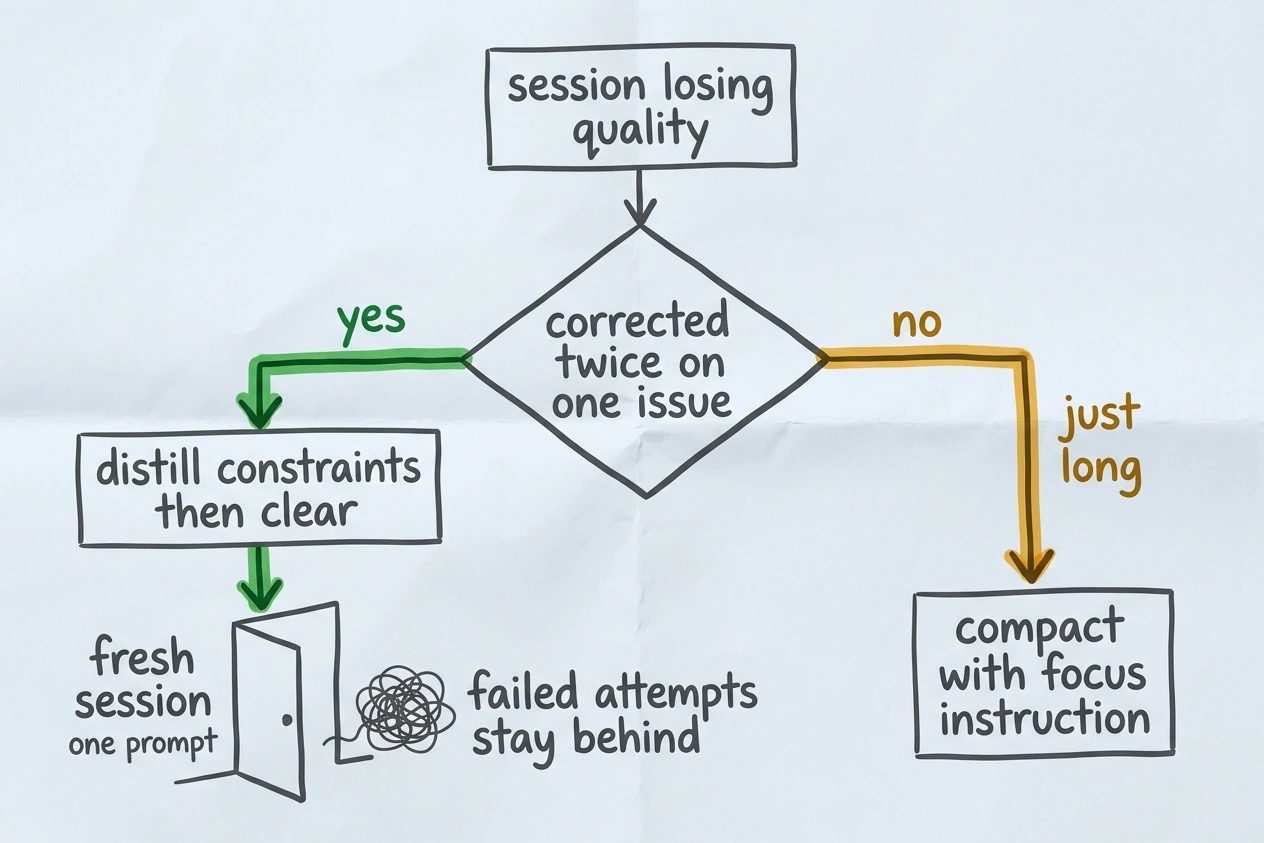 Hand-drawn fork in marker. A box lettered session losing quality leads to a question lettered corrected twice on one issue. The yes branch, in green, runs through distill constraints then clear to a doorway lettered fresh session one prompt, with a small pile behind the door lettered failed attempts stay behind. The no branch, in amber, leads to compact with focus instruction.