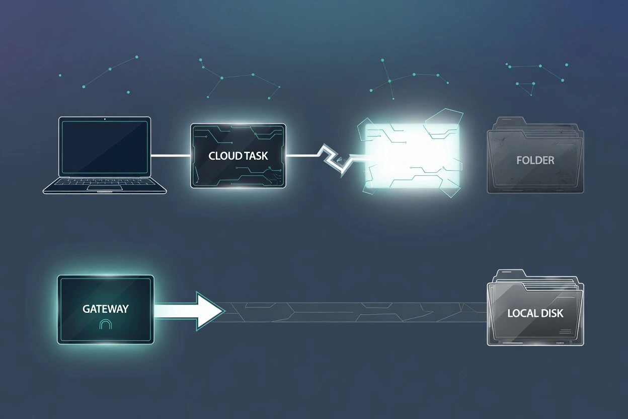 Slate HUD with a CLOUD TASK card broken off from a dim FOLDER, and a separate GATEWAY path into LOCAL DISK
