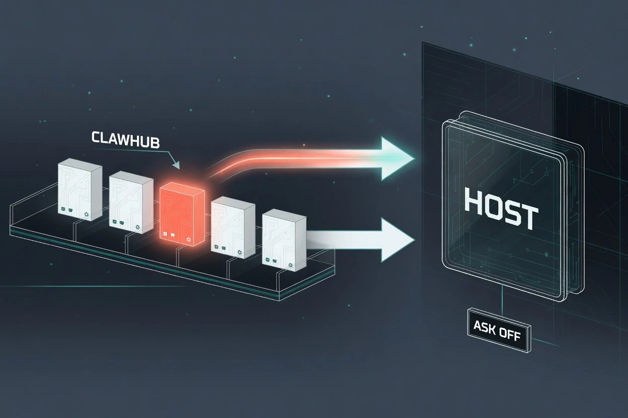 Slate HUD pipeline from a CLAWHUB shelf with one coral package into a live HOST block lettered ASK OFF