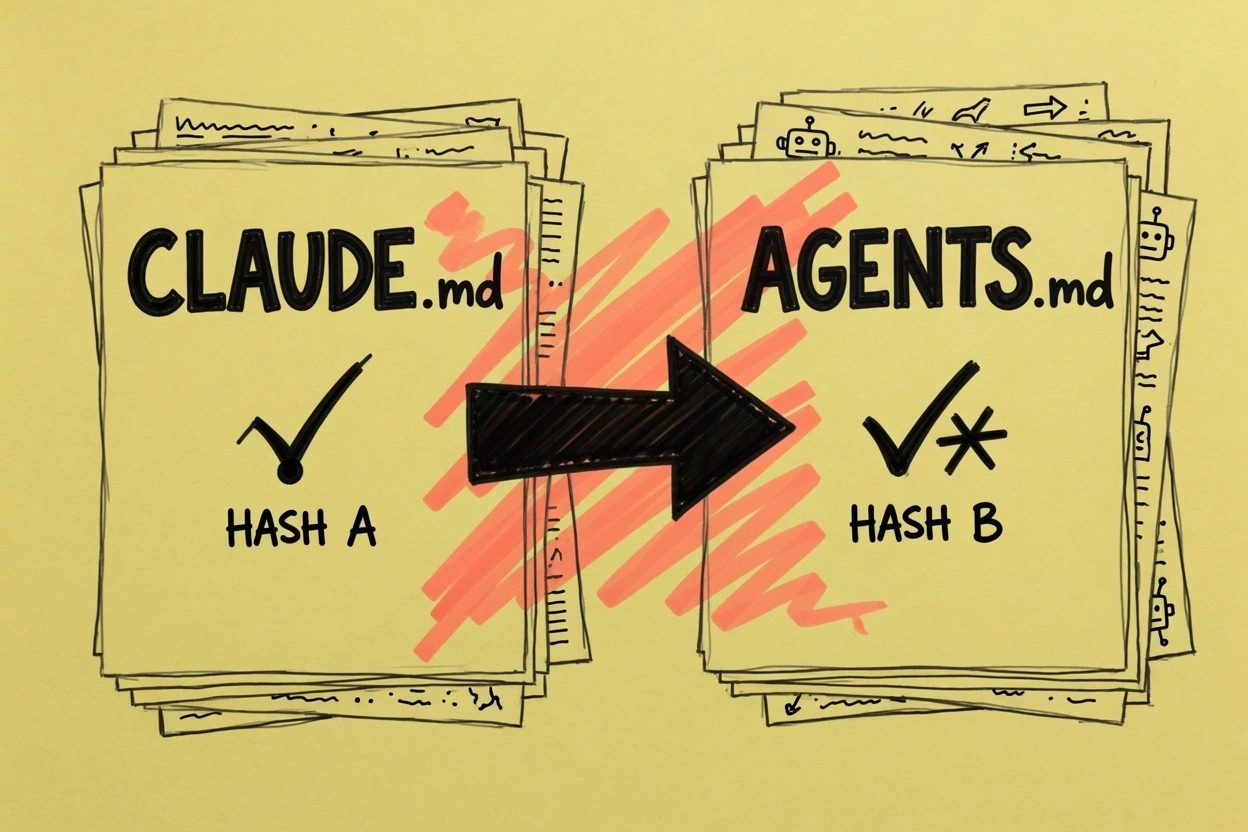 Two stacks on unlined yellow paper, CLAUDE.md with hash A and AGENTS.md with hash B, a copy arrow between them crossed in coral