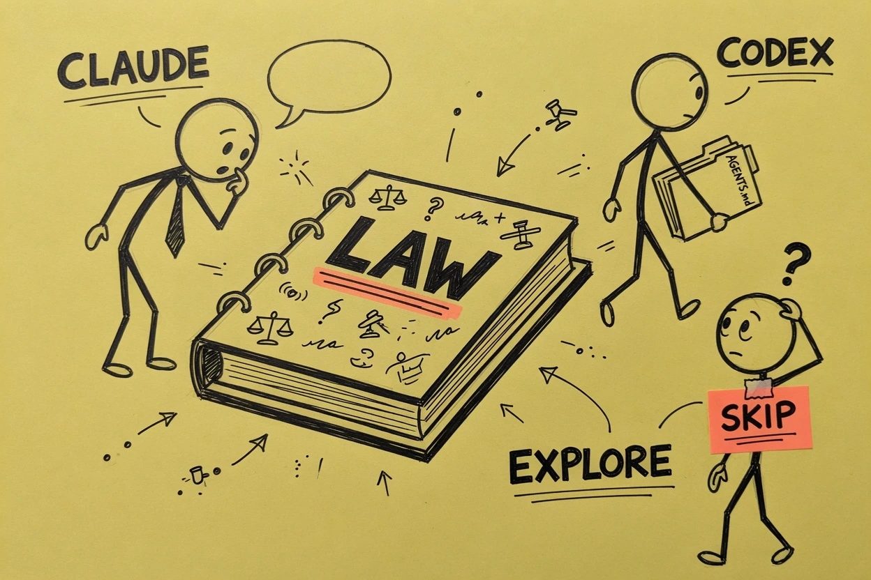 Yellow-paper hub sketch of a LAW binder, a CLAUDE stick figure reading it, a CODEX figure walking to AGENTS.md, and an EXPLORE figure tagged SKIP